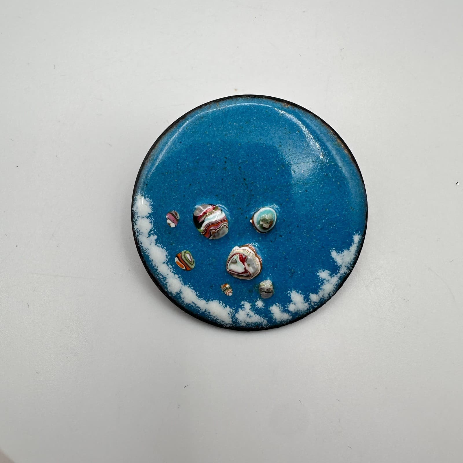 Vintage 70s Blue Enamel Round Brooch Pin Abstract Stone Women's Classic Jewelry - Thumbnail 5
