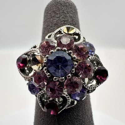 Vintage Y2K Rhinestone Statement Ring Silver Tone Filigree Women's Jewelry - Thumbnail 3