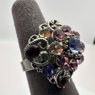 Vintage Y2K Rhinestone Statement Ring Silver Tone Filigree Women's Jewelry - Thumbnail 4