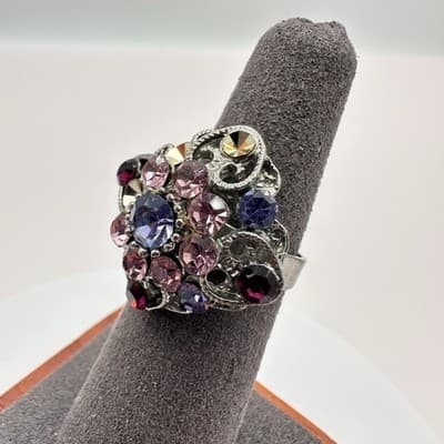 Vintage Y2K Rhinestone Statement Ring Silver Tone Filigree Women's Jewelry - Thumbnail 2