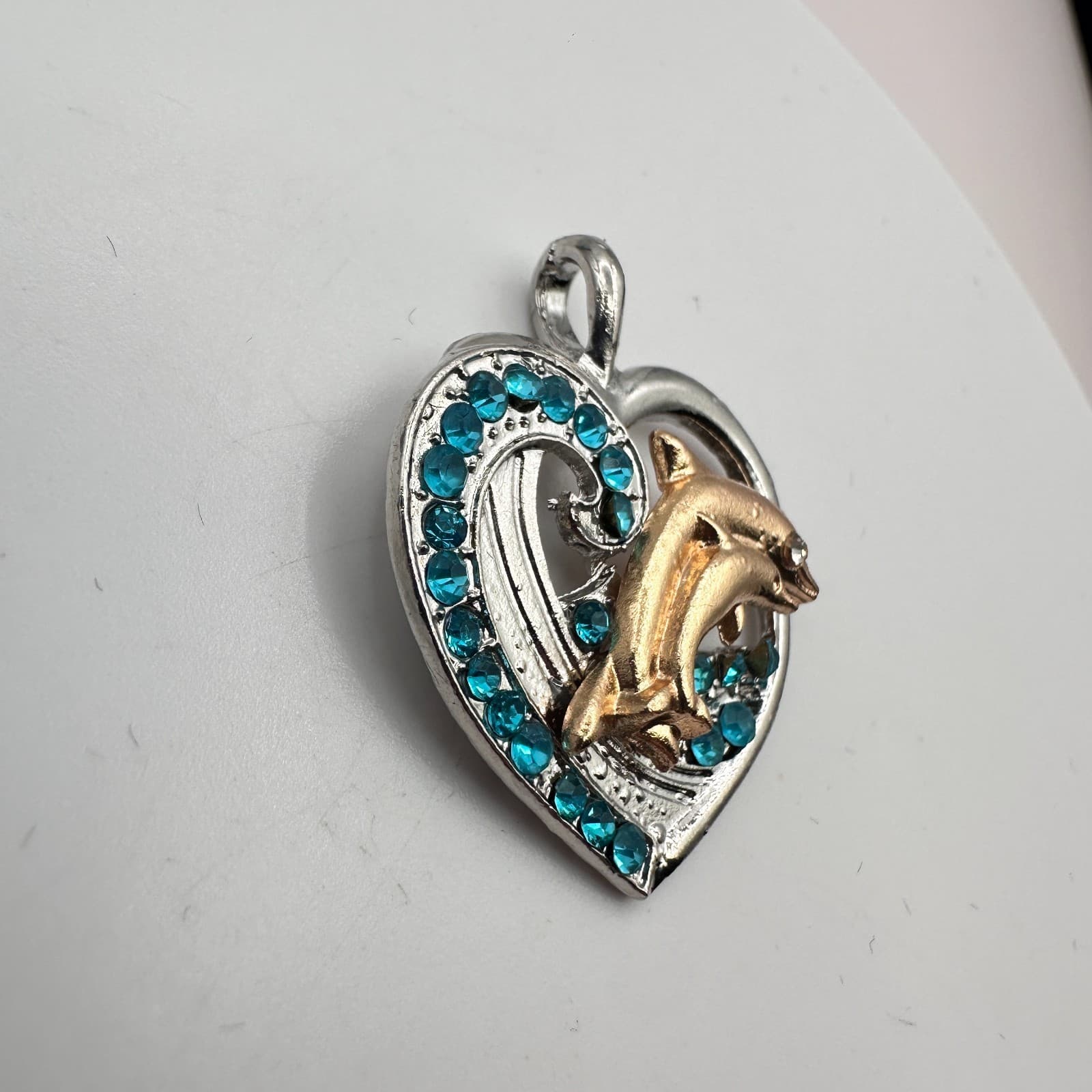 Vintage 90s Silver Tone Dolphin Heart Pendant Blue Rhinestone Women's Jewelry - Thumbnail 5