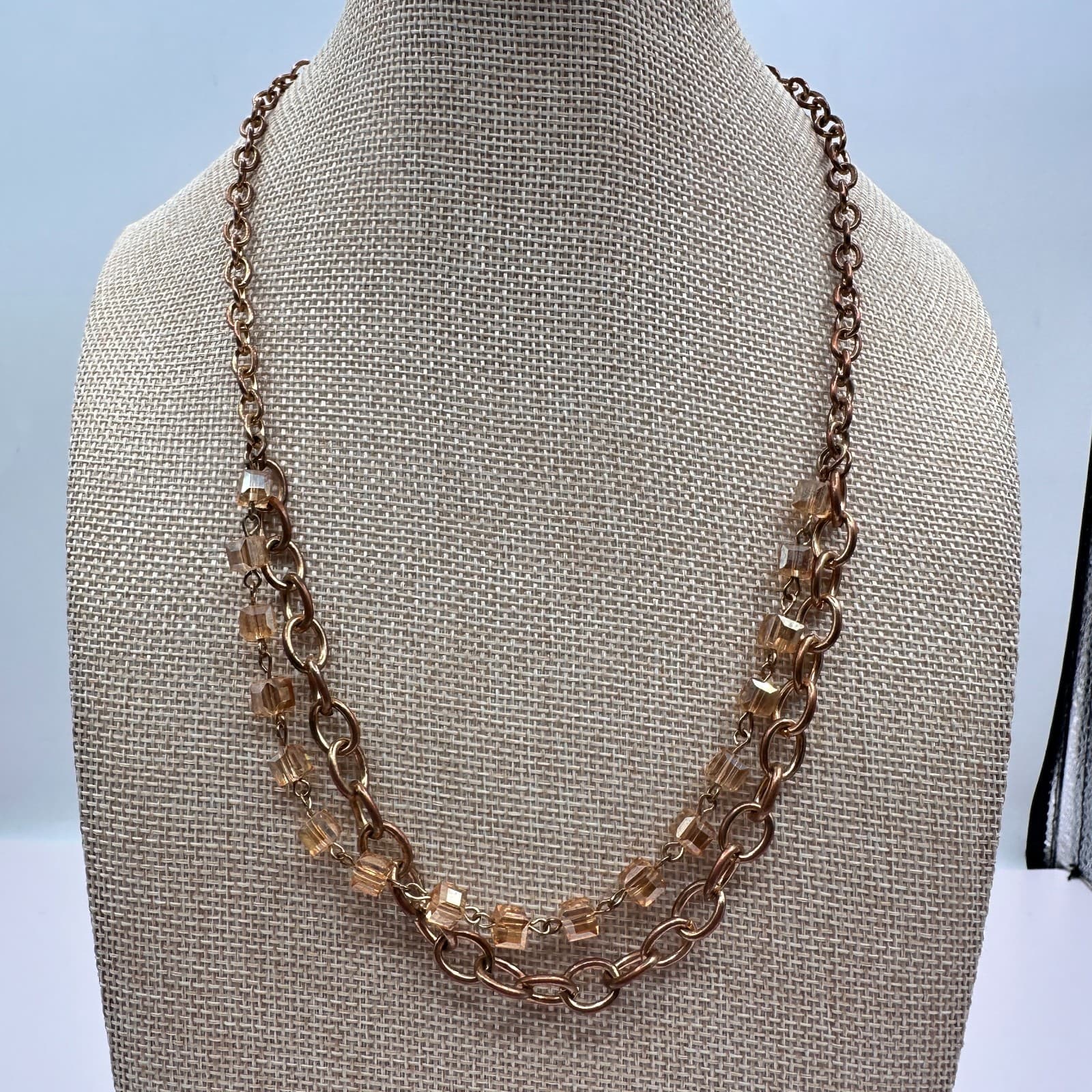 Vintage 90s Gold Tone Double Strand Glass Cube Necklace Women's Classic Jewelry - Thumbnail 2