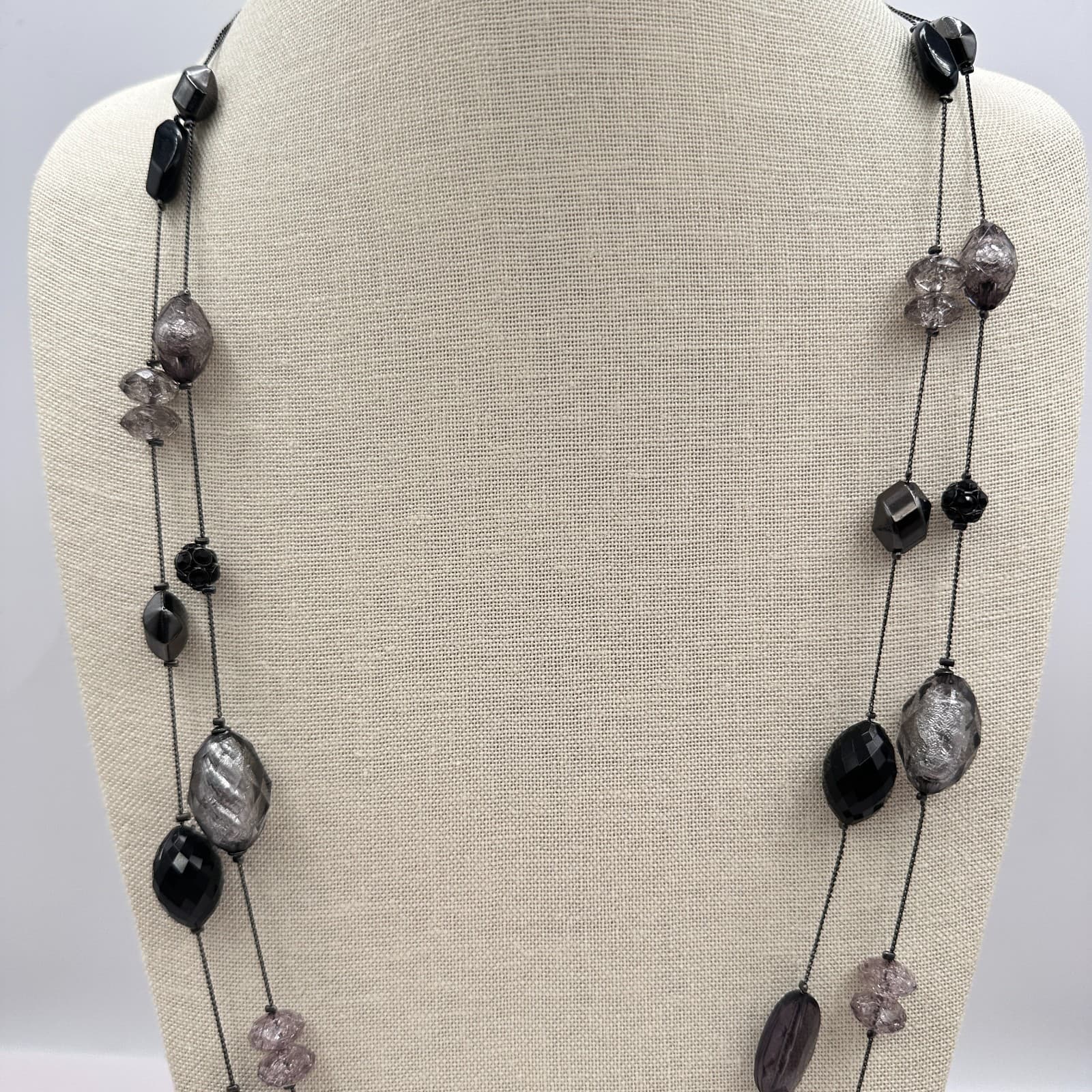 Vintage 90s Double Strand Multi-color Bead Necklace Silver Tone Women's Jewelry - Thumbnail 3