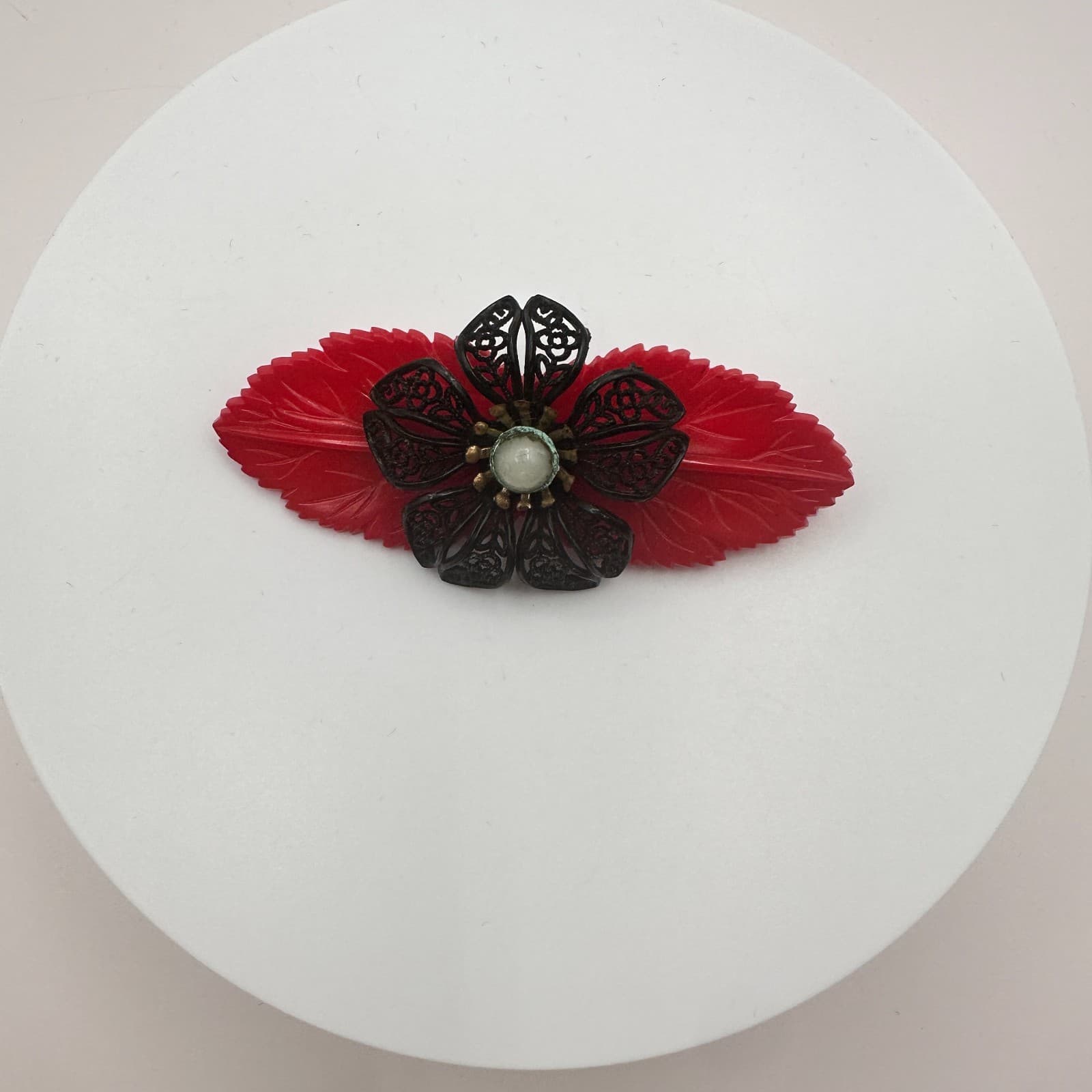 Vintage 50s Red Leaf Filigree Flower Pearl Brooch Pin Women's Classic Jewelry - Thumbnail 6