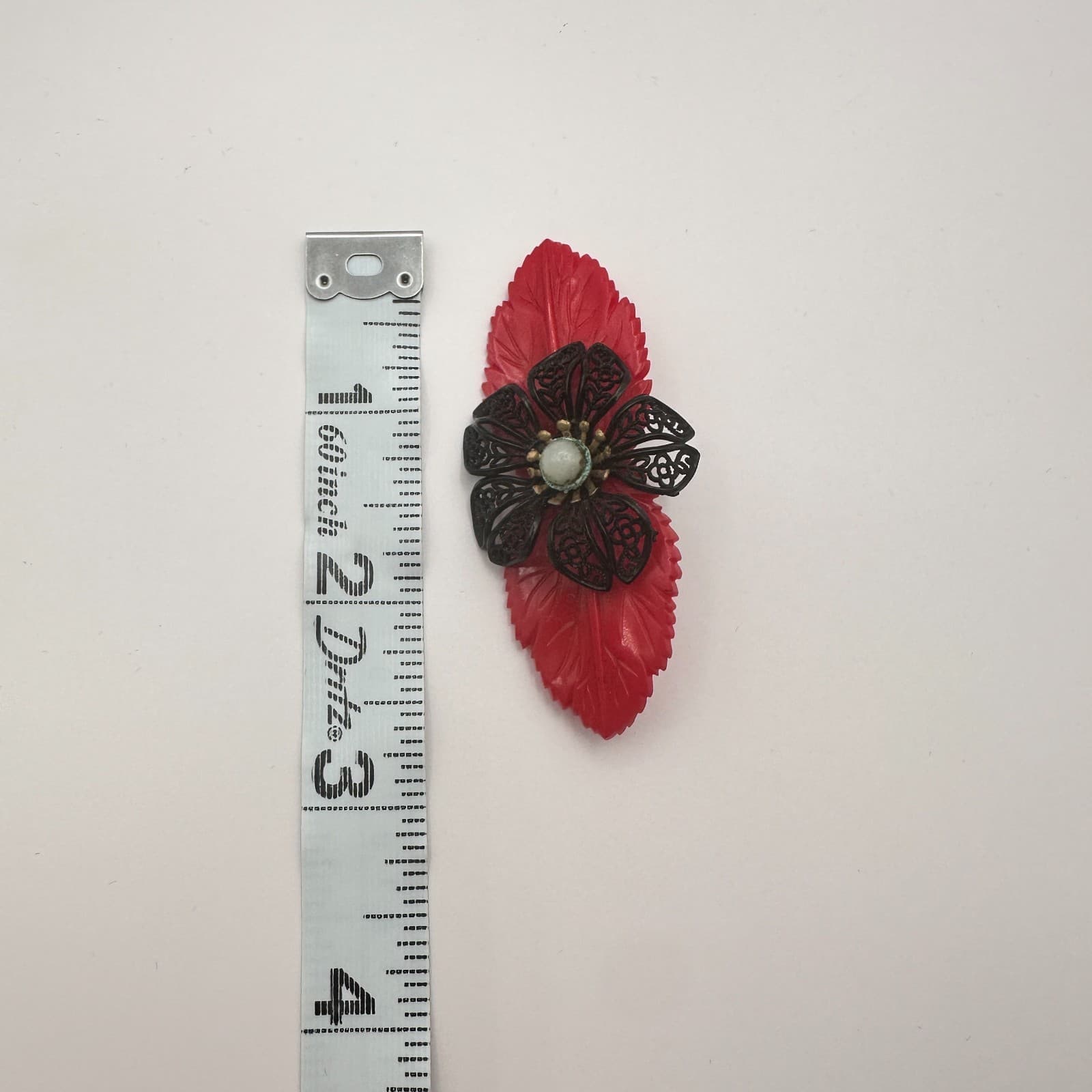 Vintage 50s Red Leaf Filigree Flower Pearl Brooch Pin Women's Classic Jewelry - Thumbnail 8