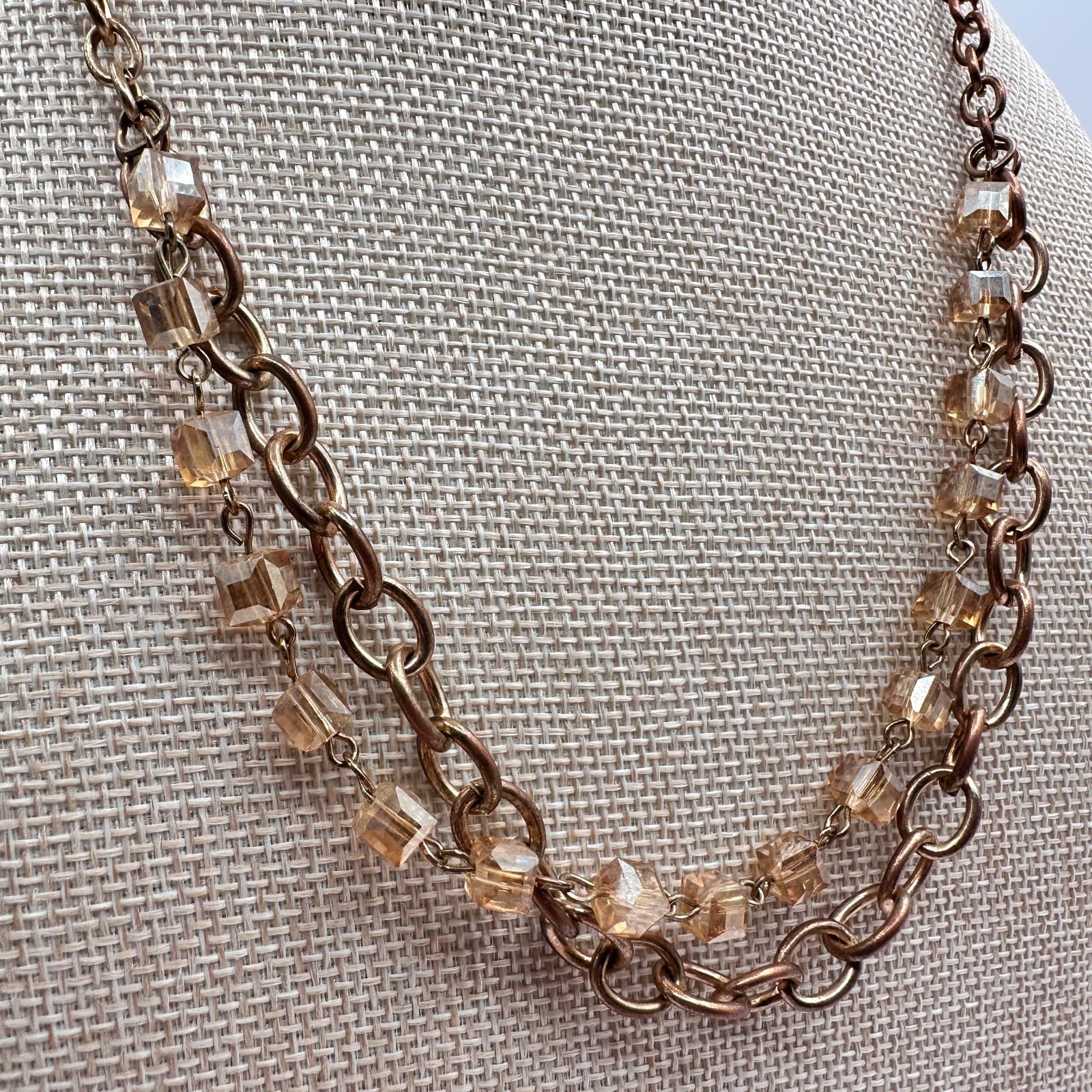 Vintage 90s Gold Tone Double Strand Glass Cube Necklace Women's Classic Jewelry - Thumbnail 5