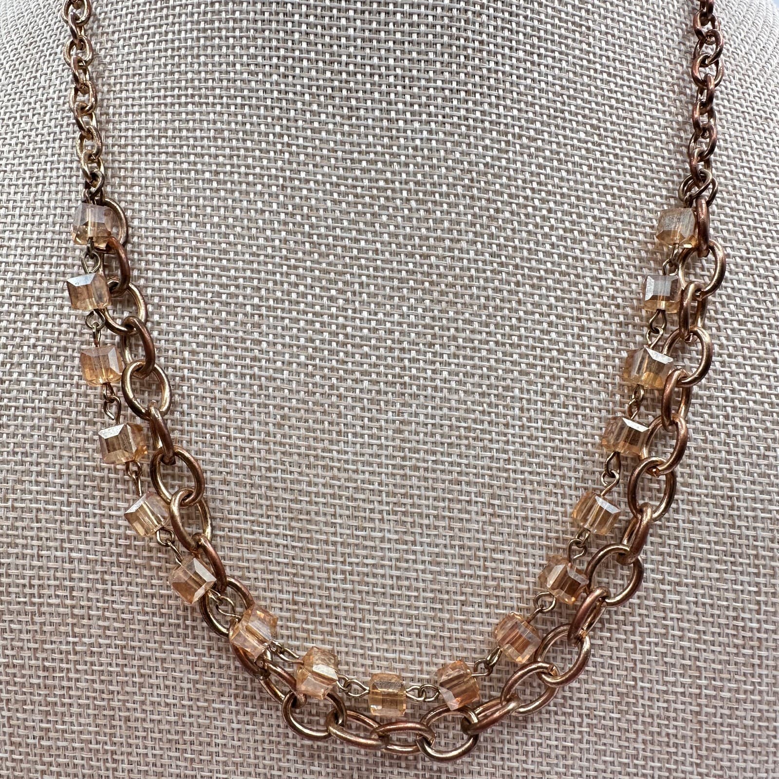 Vintage 90s Gold Tone Double Strand Glass Cube Necklace Women's Classic Jewelry - Thumbnail 6