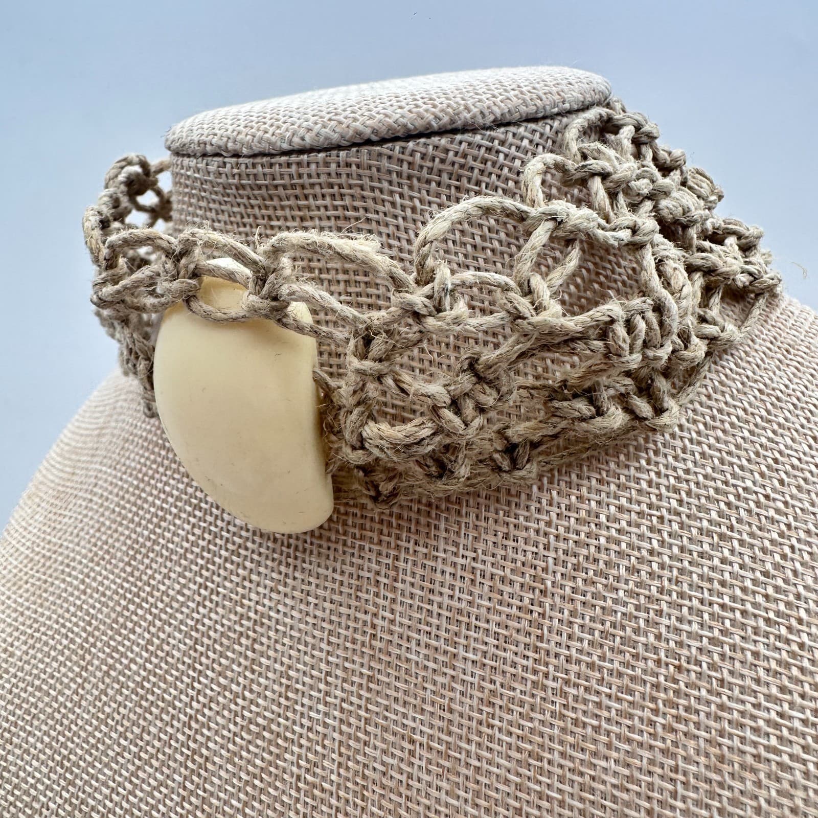 Vintage Y2K Cream Tagua Nut Stone Macrame Hemp Woven Choker Necklace Jewelry 90s - Thumbnail 6