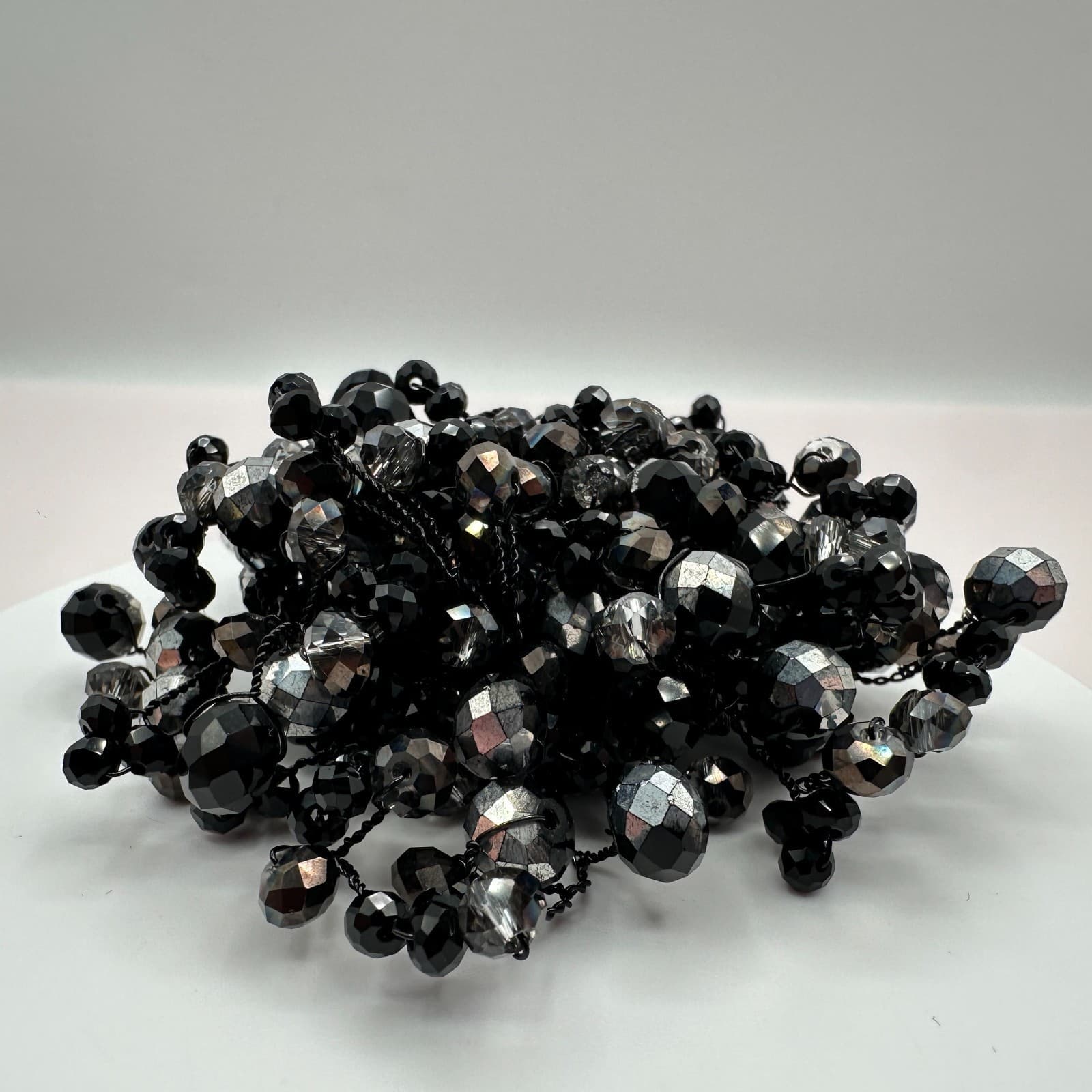 Vintage 90s Black Glass Beaded Cluster Brooch Pin Silver Tone Statement Jewelry - Thumbnail 3
