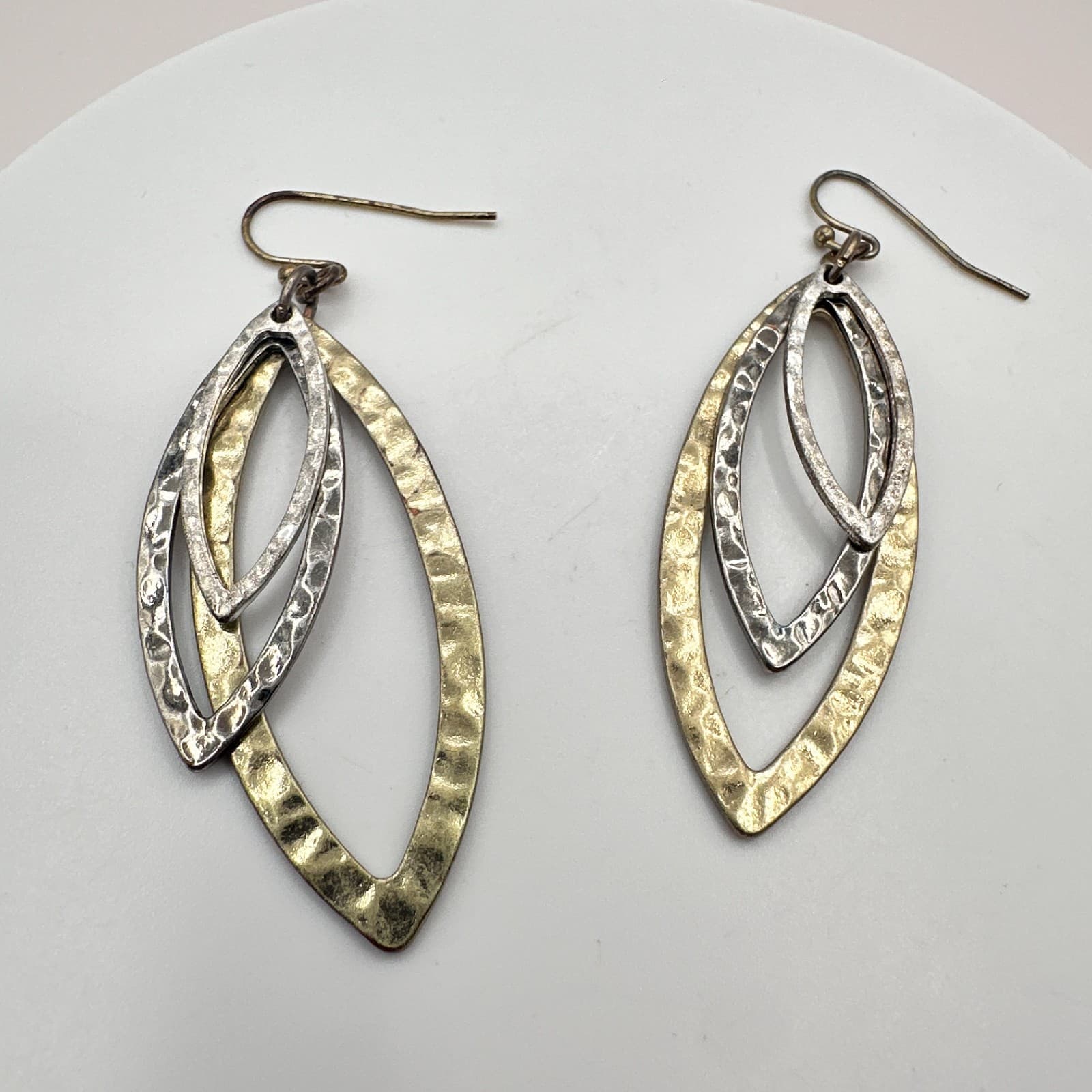 Vintage 90s Metal Hammered Open Marquise Dangle Earrings Classic Fashion Jewelry