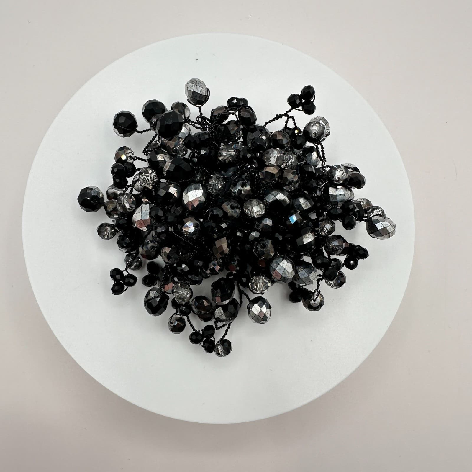 Vintage 90s Black Glass Beaded Cluster Brooch Pin Silver Tone Statement Jewelry - Thumbnail 2