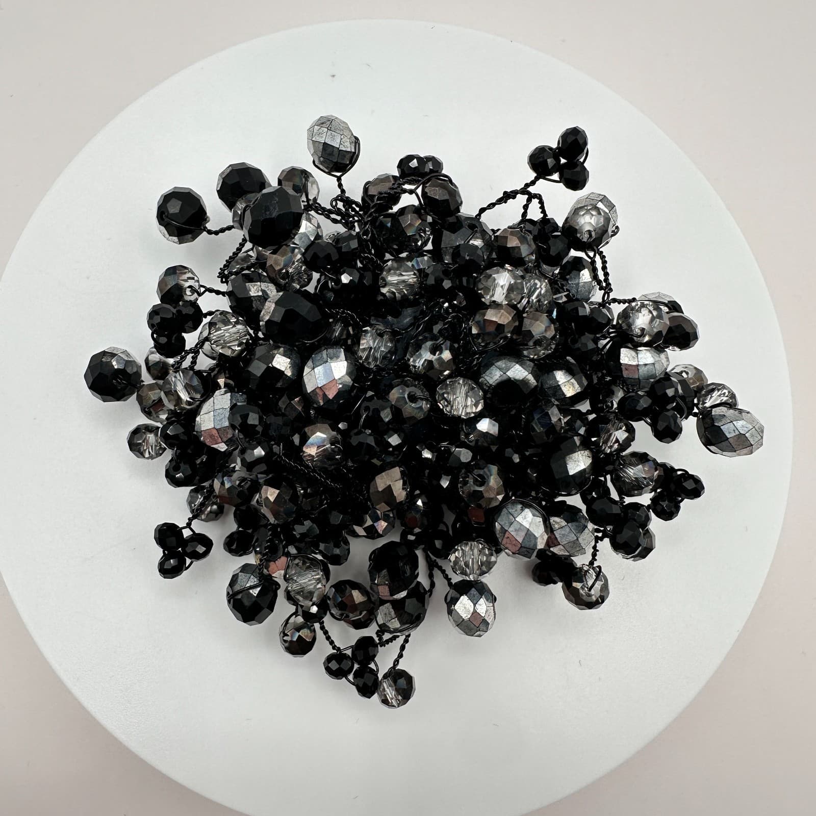 Vintage 90s Black Glass Beaded Cluster Brooch Pin Silver Tone Statement Jewelry