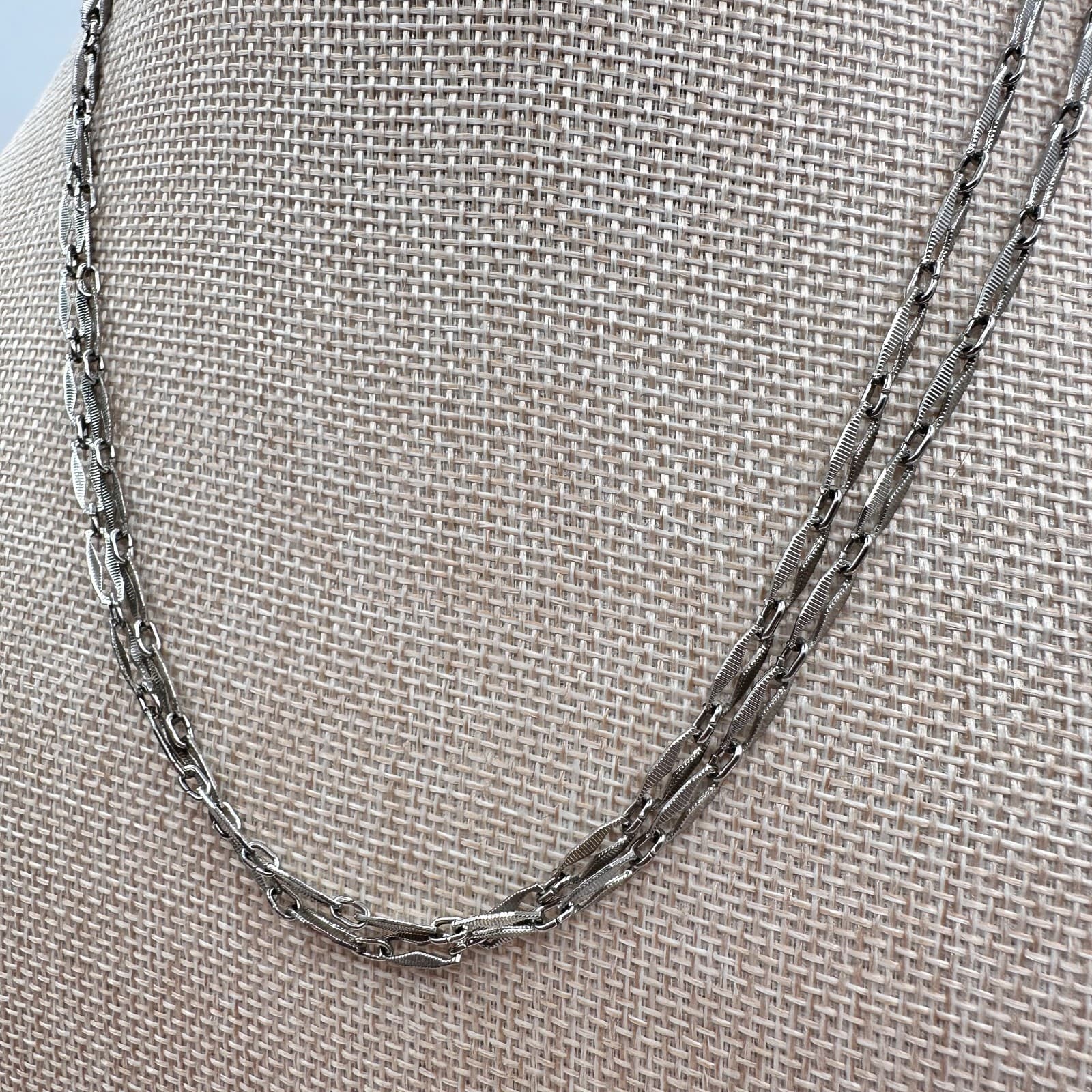 Vintage 90s Bar Link Double Strand Chain Classic Necklace Silver Tone Jewelry - Thumbnail 6