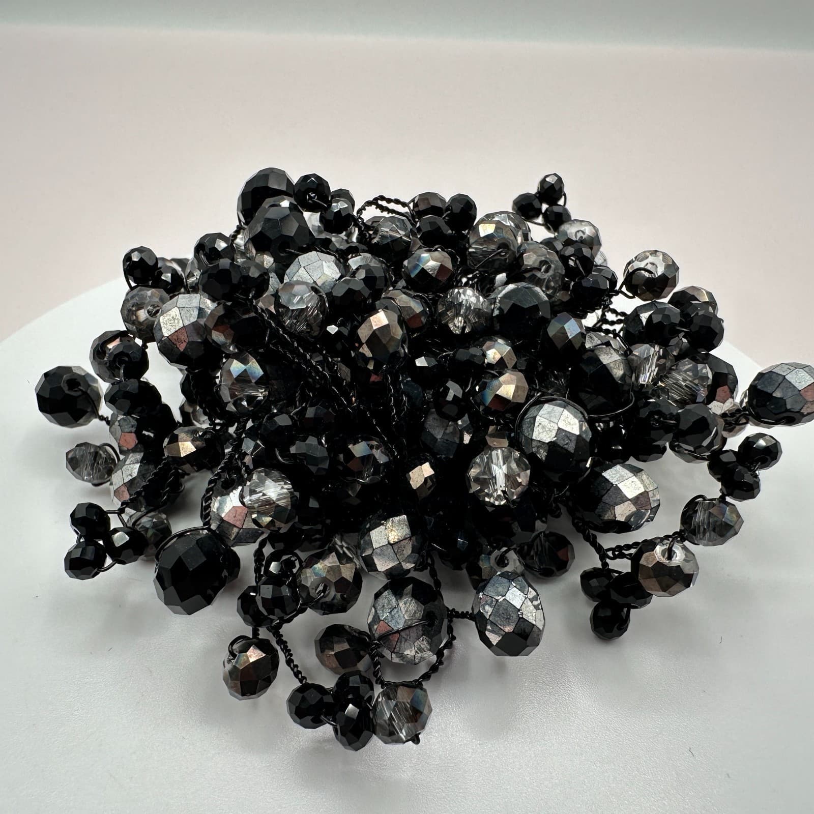 Vintage 90s Black Glass Beaded Cluster Brooch Pin Silver Tone Statement Jewelry - Thumbnail 4