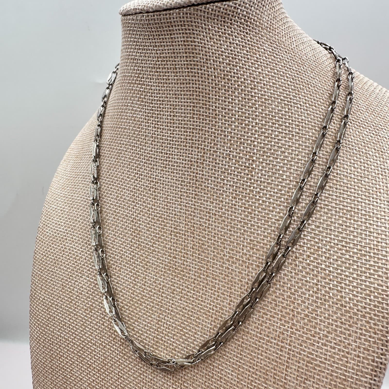 Vintage 90s Bar Link Double Strand Chain Classic Necklace Silver Tone Jewelry - Thumbnail 7
