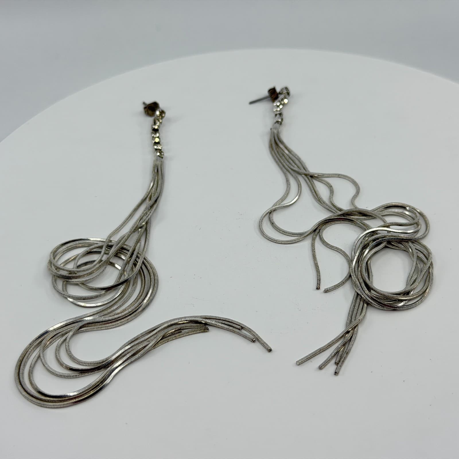 Y2K Liquid Silver Tone Multi Strand Snake Chain Dangle Drop Statement Earrings - Thumbnail 2