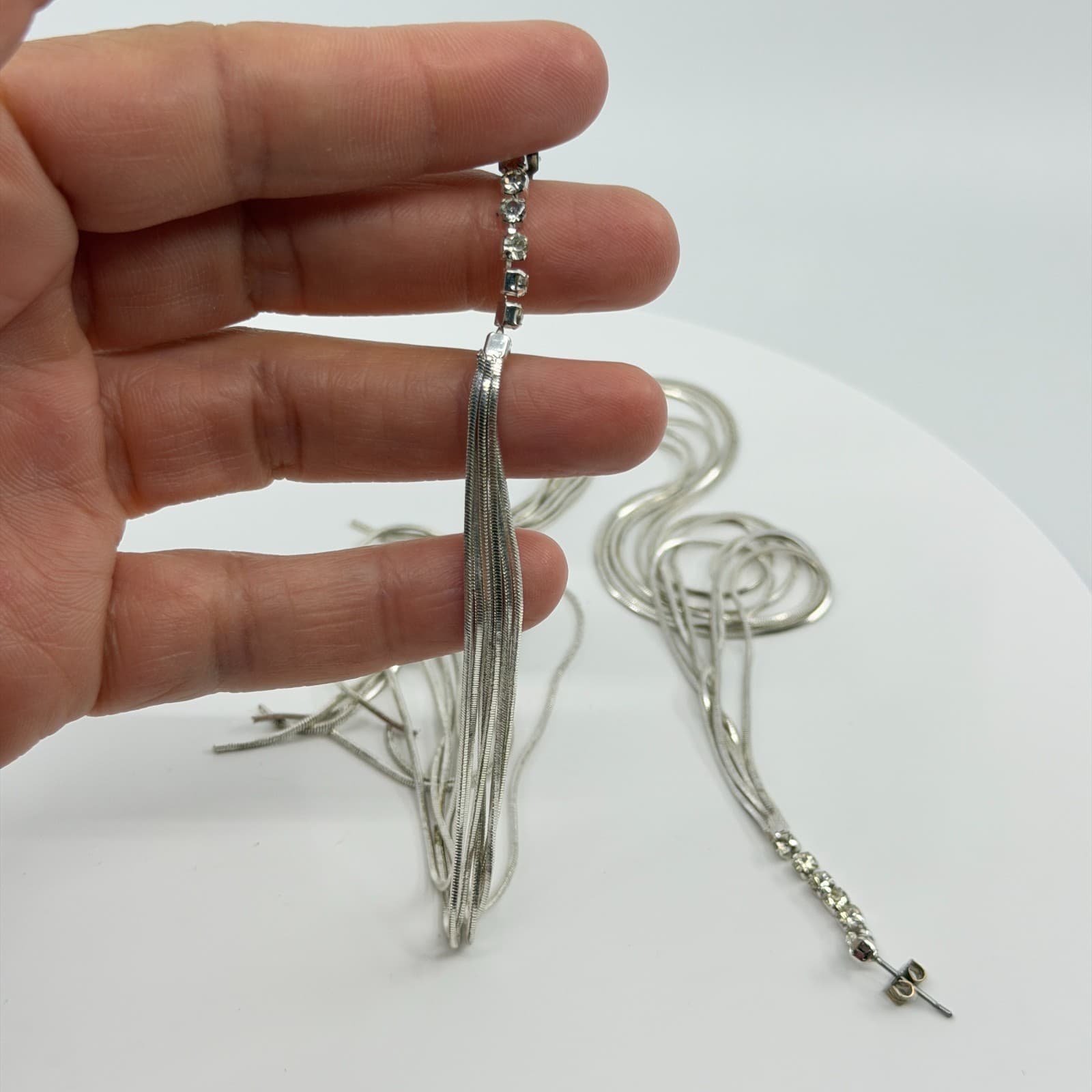 Y2K Liquid Silver Tone Multi Strand Snake Chain Dangle Drop Statement Earrings - Thumbnail 9