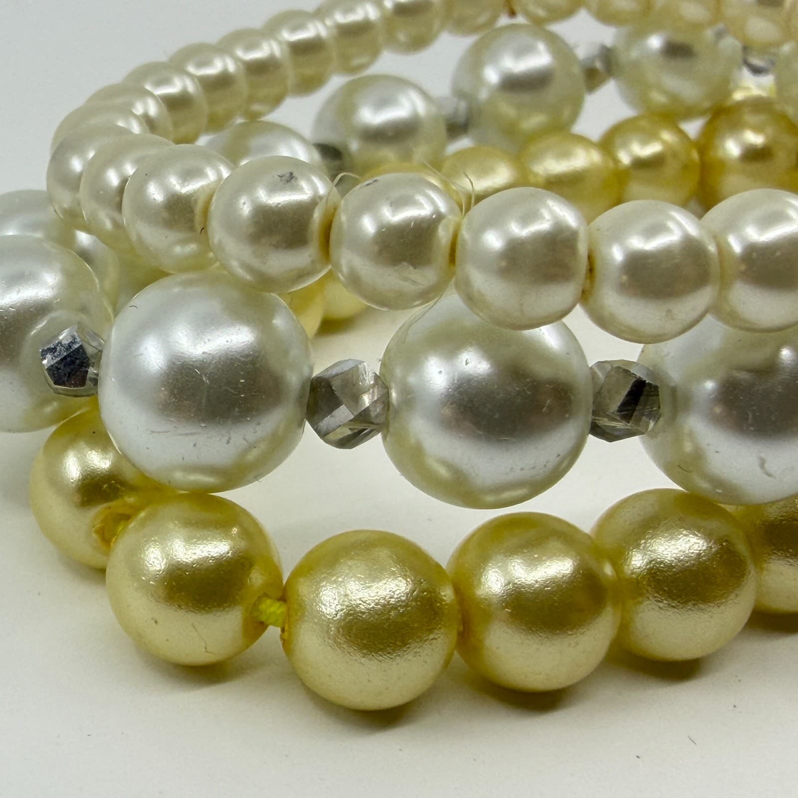 3 Pc Faux Pearl Stackable Bracelet Gold Tone White Stretch Layered Jewelry Set - Thumbnail 4