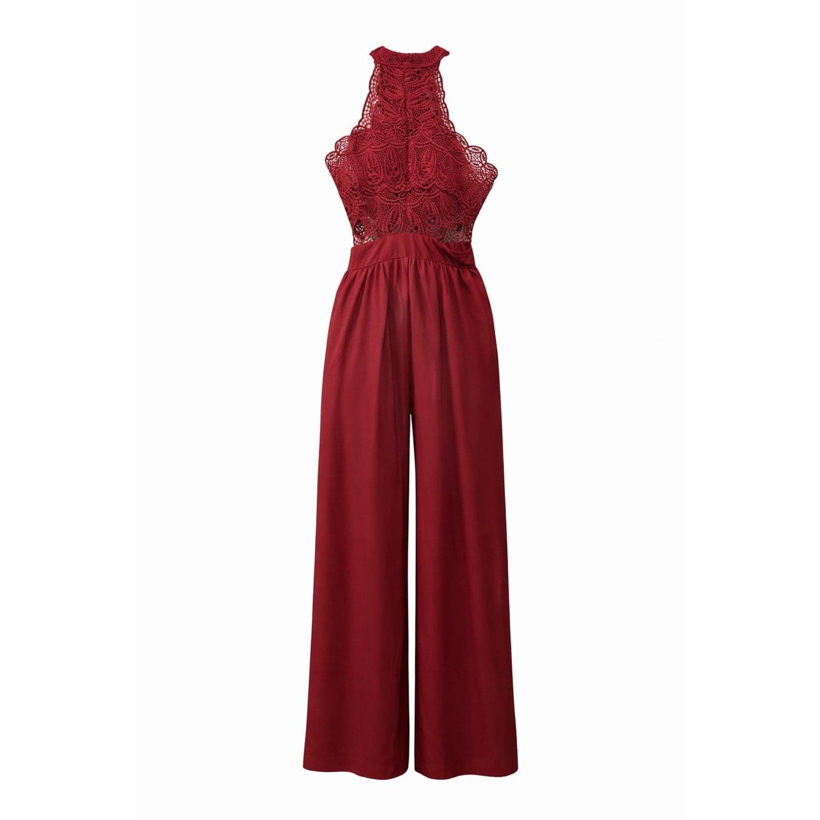 Wine Red Lace Backless Halter Jumpsuit - Thumbnail 2