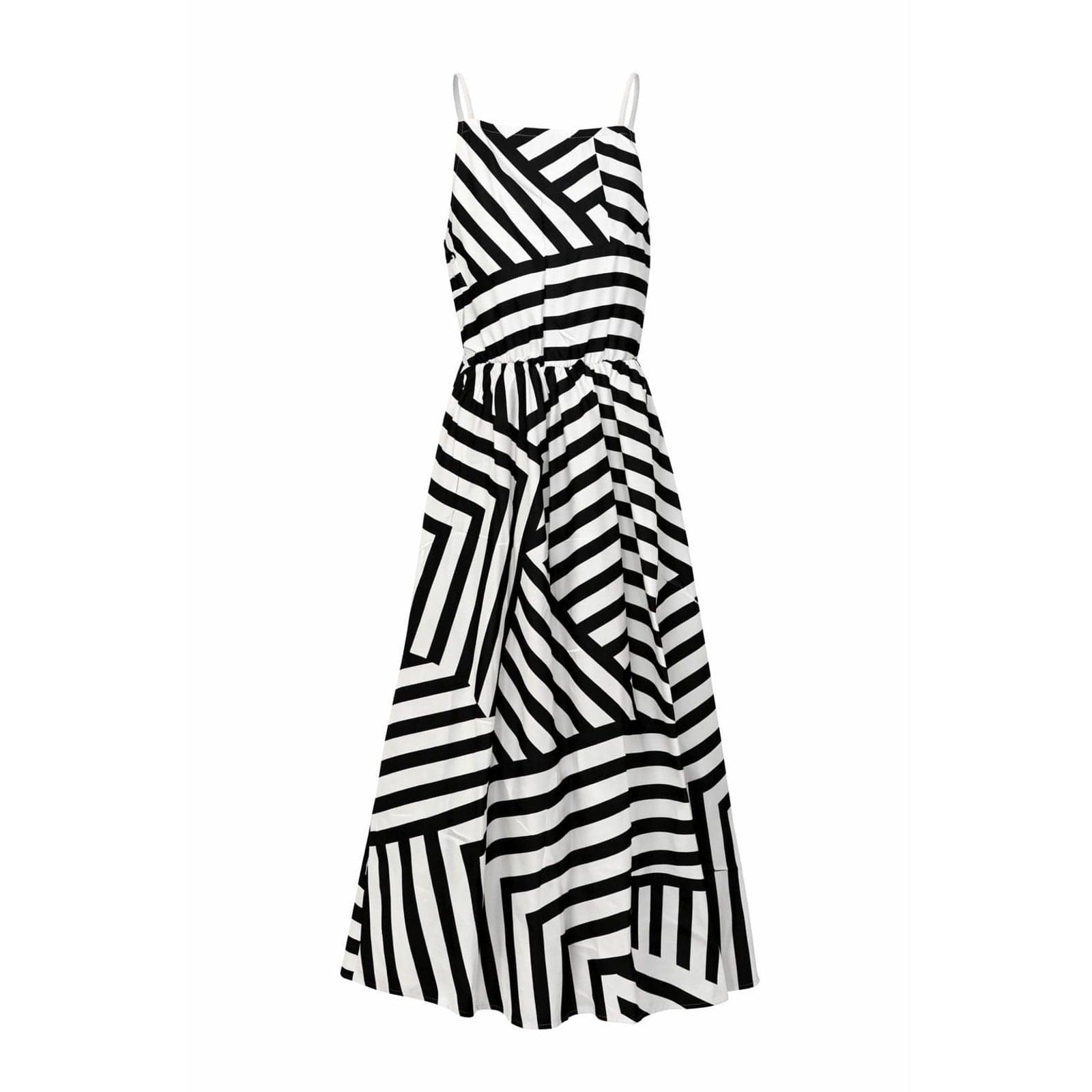 Sleeveless High-Neck Midi Dress in Black and White Geometric Stripe - Thumbnail 2
