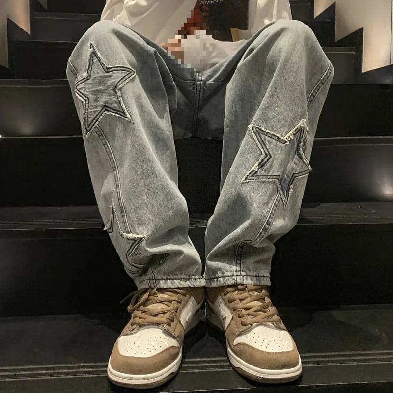 -style Street Star-patch Jeans Men's Wear Puppies Handsome Loose Straight-leg Teenager Hip-hop Wide-leg Torre Pants - Thumbnail 2