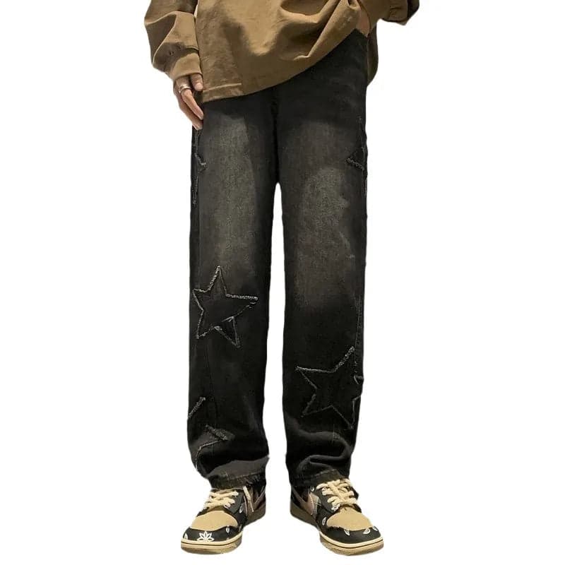 -style Street Star-patch Jeans Men's Wear Puppies Handsome Loose Straight-leg Teenager Hip-hop Wide-leg Torre Pants - Thumbnail 5