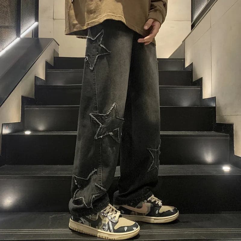 -style Street Star-patch Jeans Men's Wear Puppies Handsome Loose Straight-leg Teenager Hip-hop Wide-leg Torre Pants - Thumbnail 7