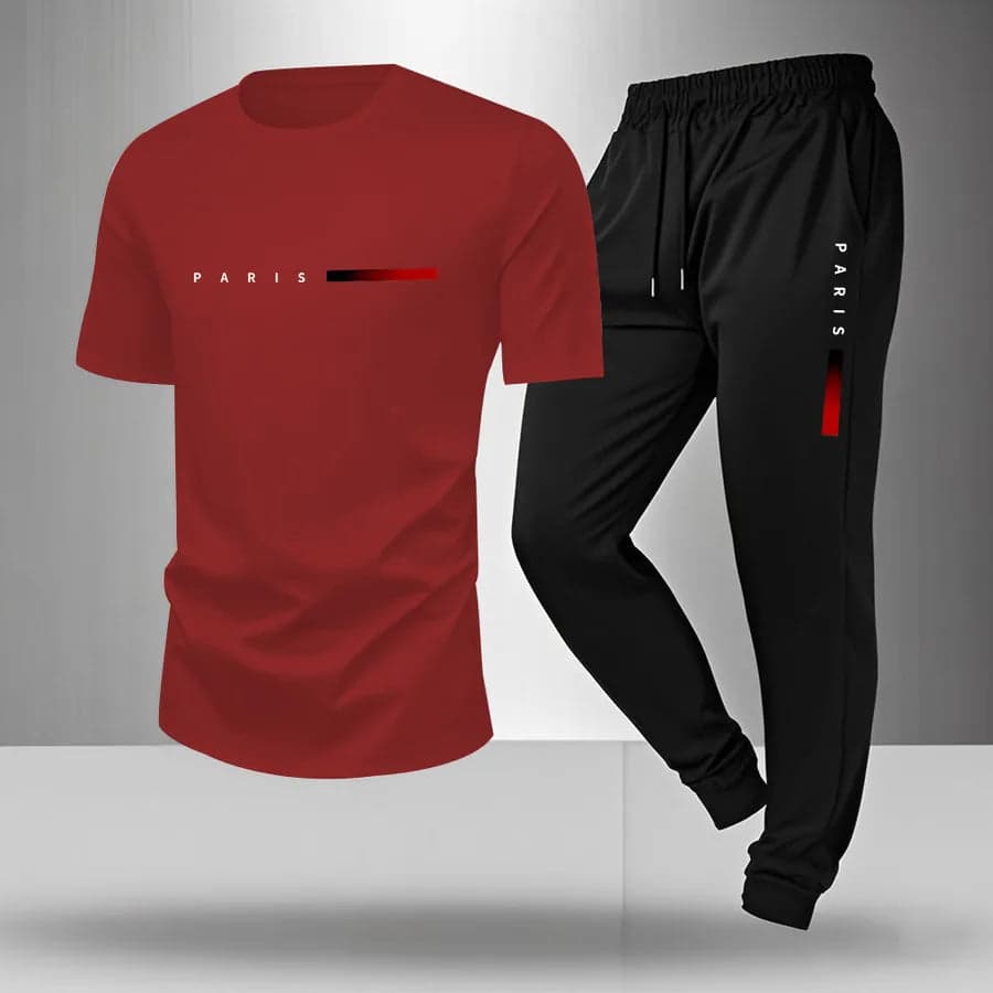 Men's Summer Outdoor Sports Casual Breathable Two-Piece Set Cotton Polyester Blend Short Sleeve Long Pants T-Shirt - Thumbnail 4