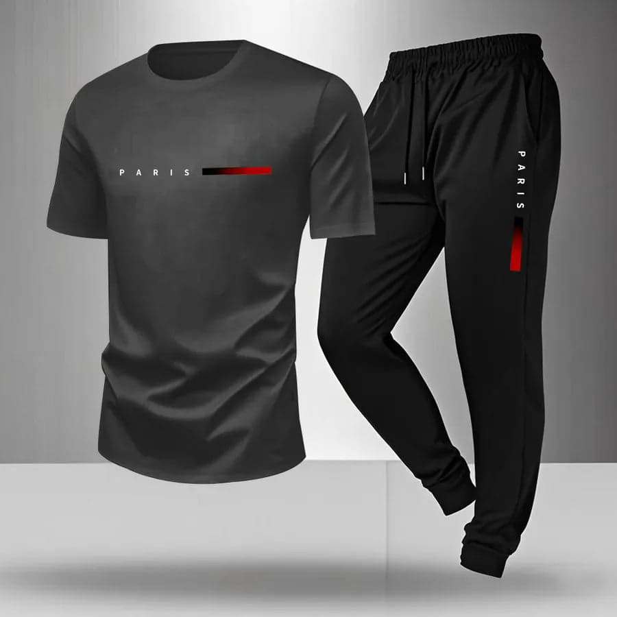 Men's Summer Outdoor Sports Casual Breathable Two-Piece Set Cotton Polyester Blend Short Sleeve Long Pants T-Shirt - Thumbnail 5