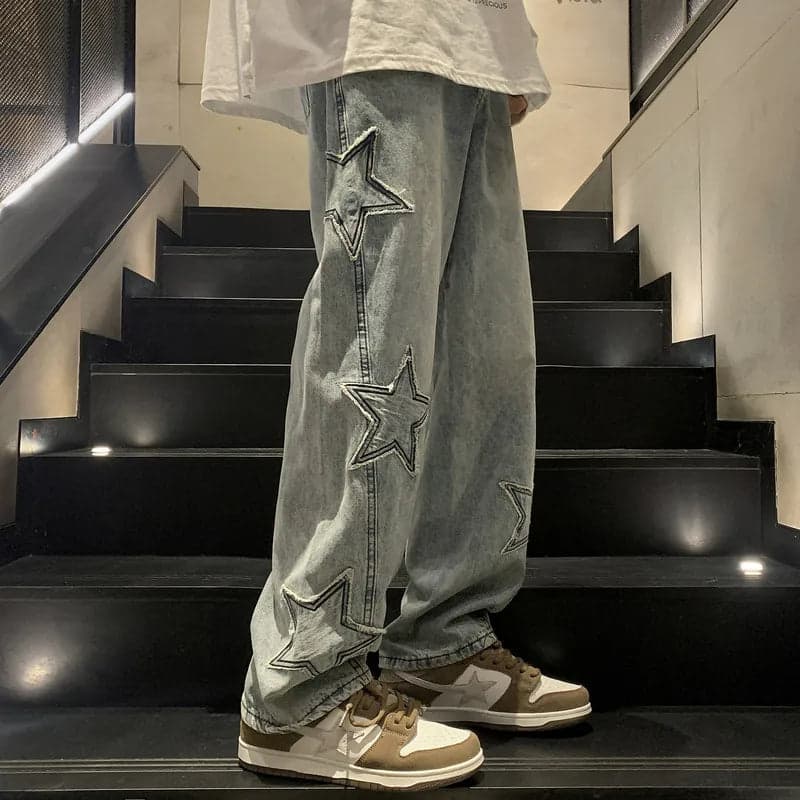 -style Street Star-patch Jeans Men's Wear Puppies Handsome Loose Straight-leg Teenager Hip-hop Wide-leg Torre Pants - Thumbnail 4