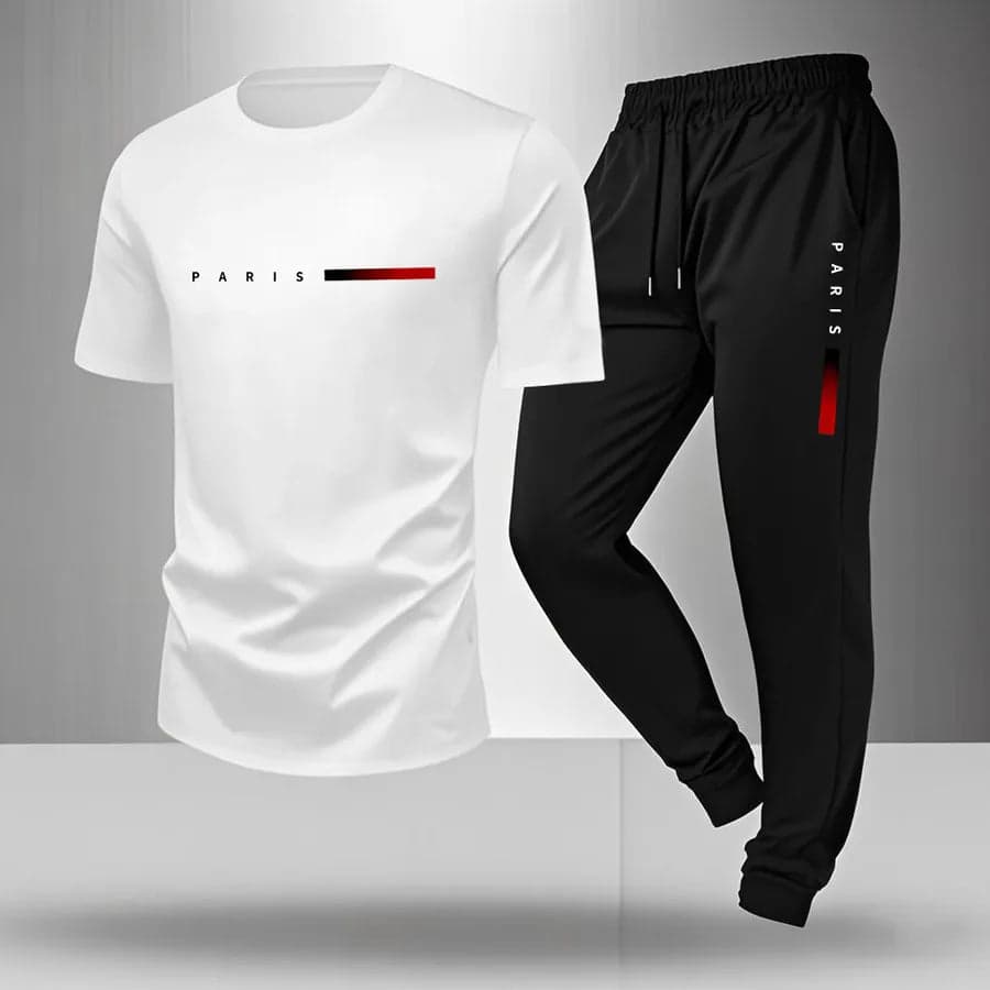 Men's Summer Outdoor Sports Casual Breathable Two-Piece Set Cotton Polyester Blend Short Sleeve Long Pants T-Shirt - Thumbnail 2