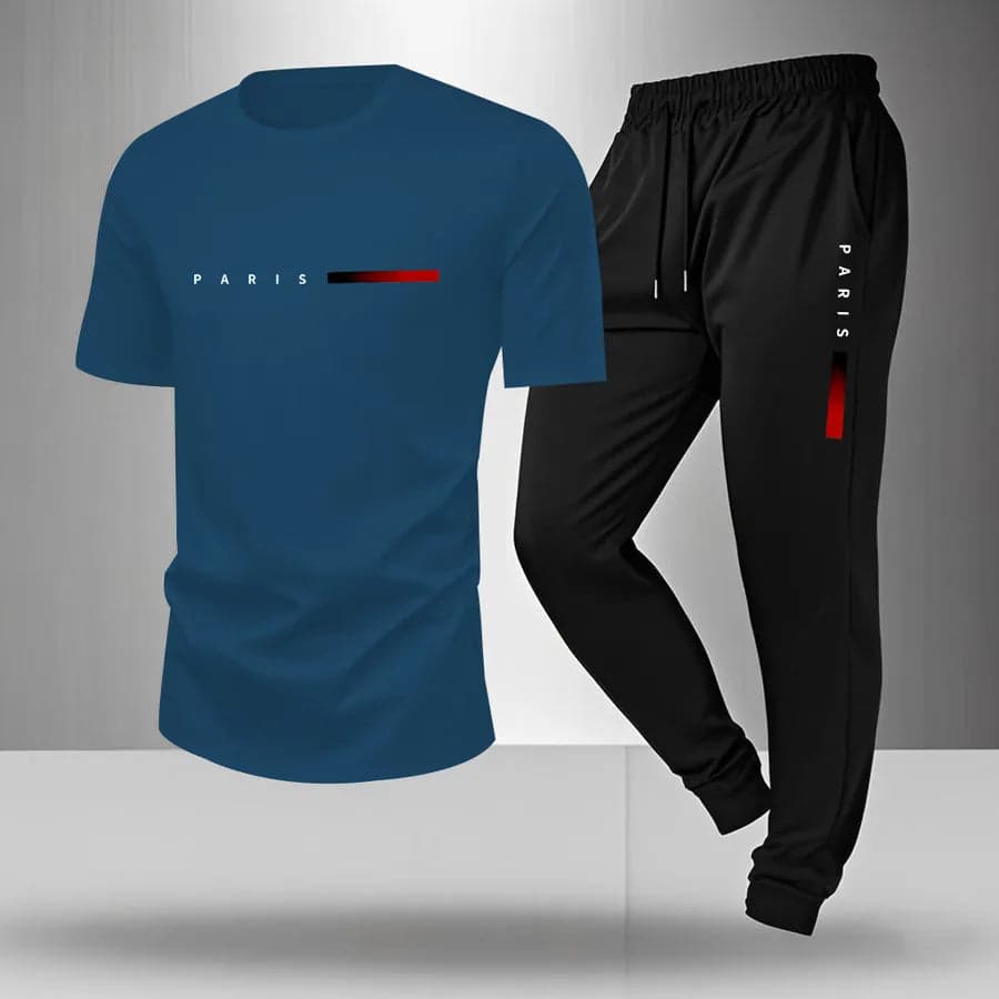 Men's Summer Outdoor Sports Casual Breathable Two-Piece Set Cotton Polyester Blend Short Sleeve Long Pants T-Shirt - Thumbnail 3