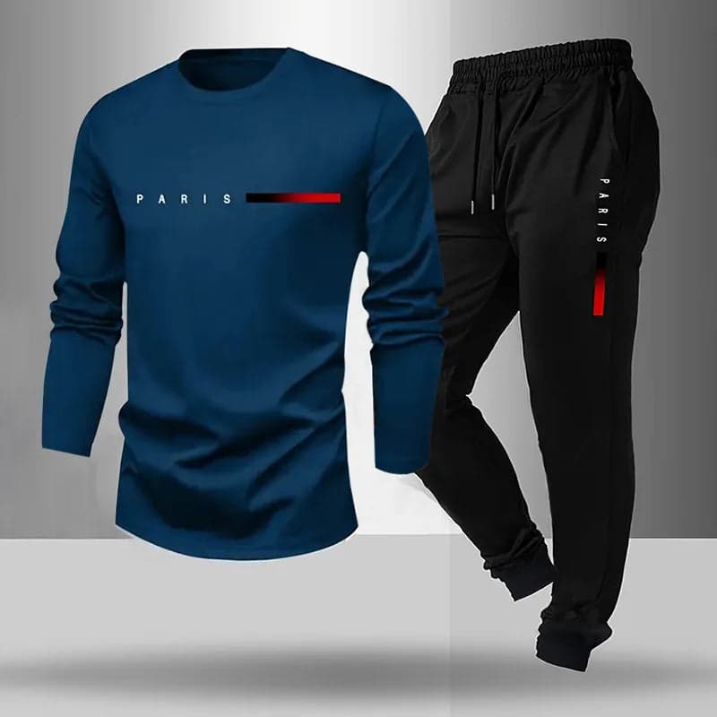 Men's Summer Outdoor Sports Casual Breathable Two-Piece Set Cotton Polyester Blend Short Sleeve Long Pants T-Shirt - Thumbnail 15