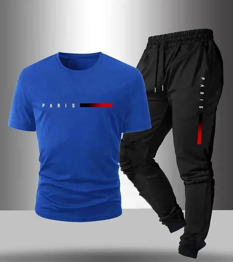 Men's Summer Outdoor Sports Casual Breathable Two-Piece Set Cotton Polyester Blend Short Sleeve Long Pants T-Shirt - Thumbnail 10