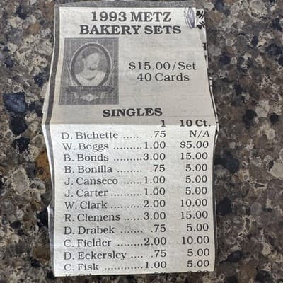 1993 Metz Bakery Card Set 40 Cards Barry Bonds Ken Griffey Jr MLB Baseball - Thumbnail 3