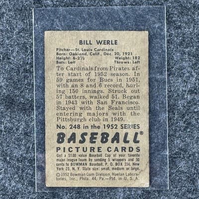 1952 Bowman Bill Werle St Louis Cardinals MLB Baseball Picture Card #248 - Thumbnail 2