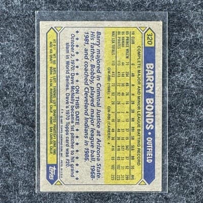 1987 Topps Barry Bonds Rookie Card #320 Pittsburgh Pirates RC - Thumbnail 2