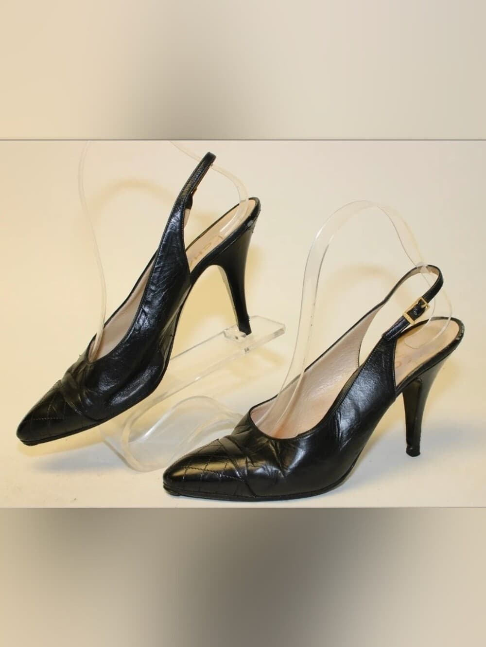 CHANEL CC Black Quilted Cap Toe Leather Slingback Stiletto Pumps 8