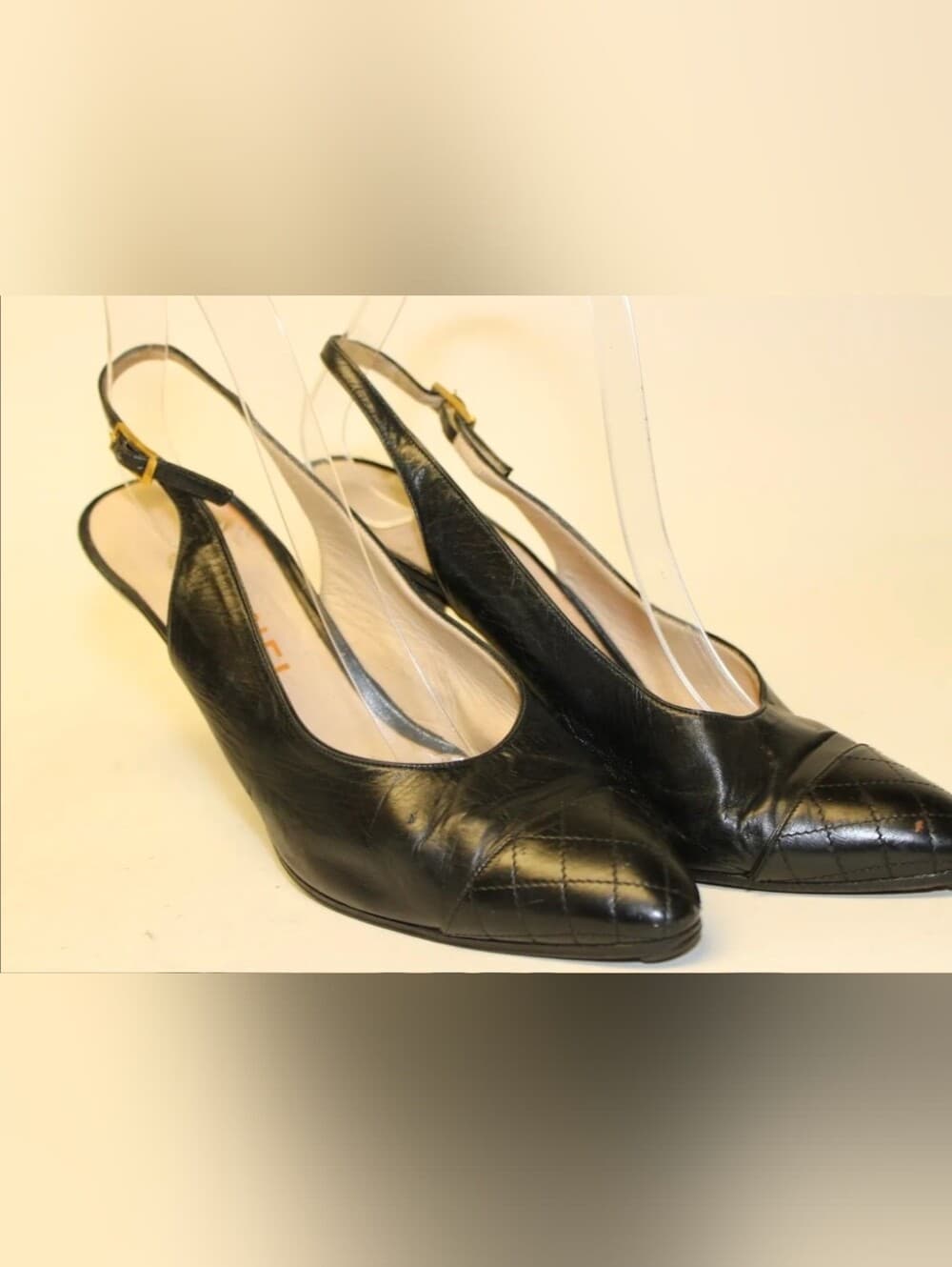 CHANEL CC Black Quilted Cap Toe Leather Slingback Stiletto Pumps 8 - Thumbnail 2