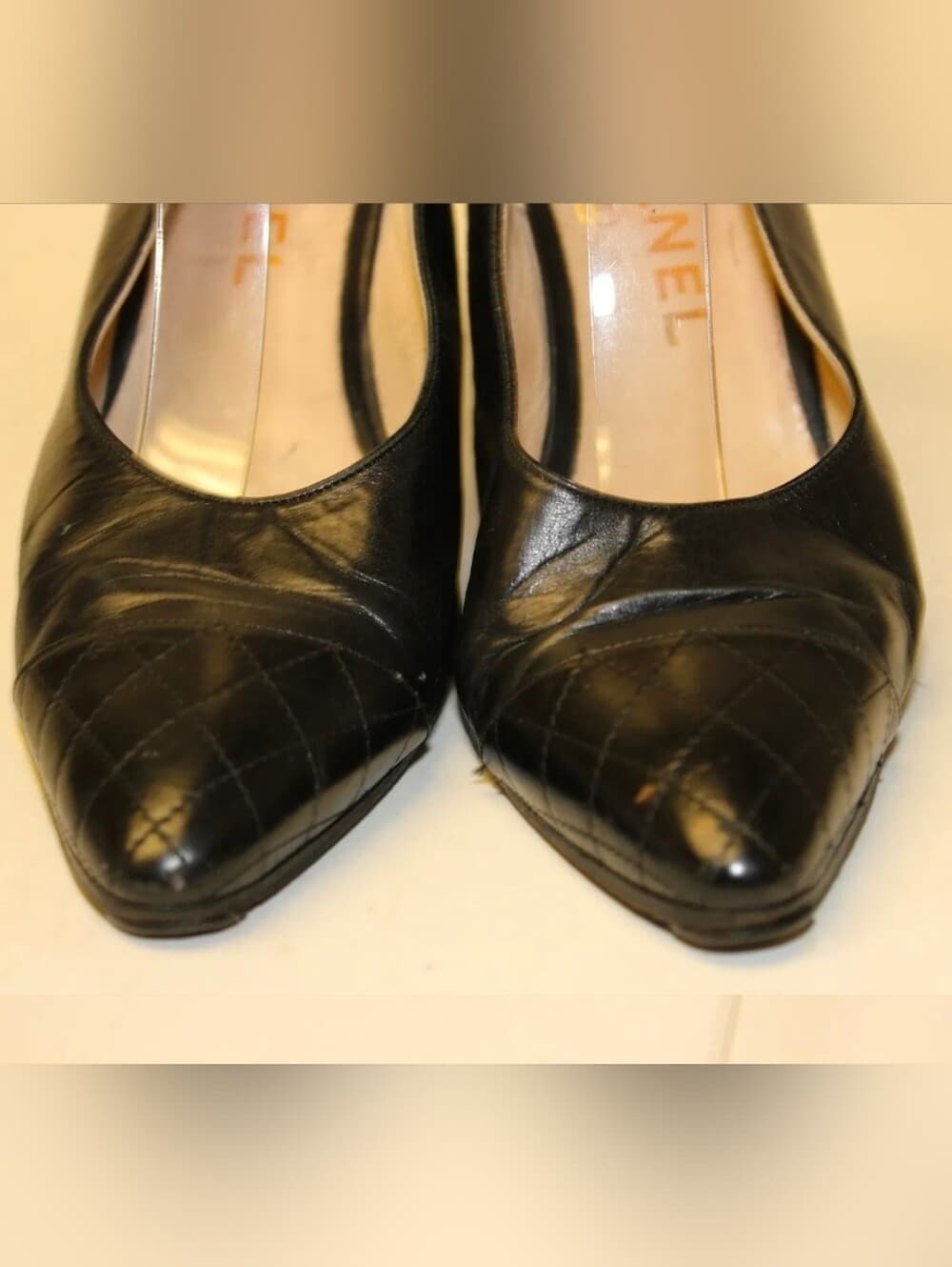 CHANEL CC Black Quilted Cap Toe Leather Slingback Stiletto Pumps 8 - Thumbnail 3