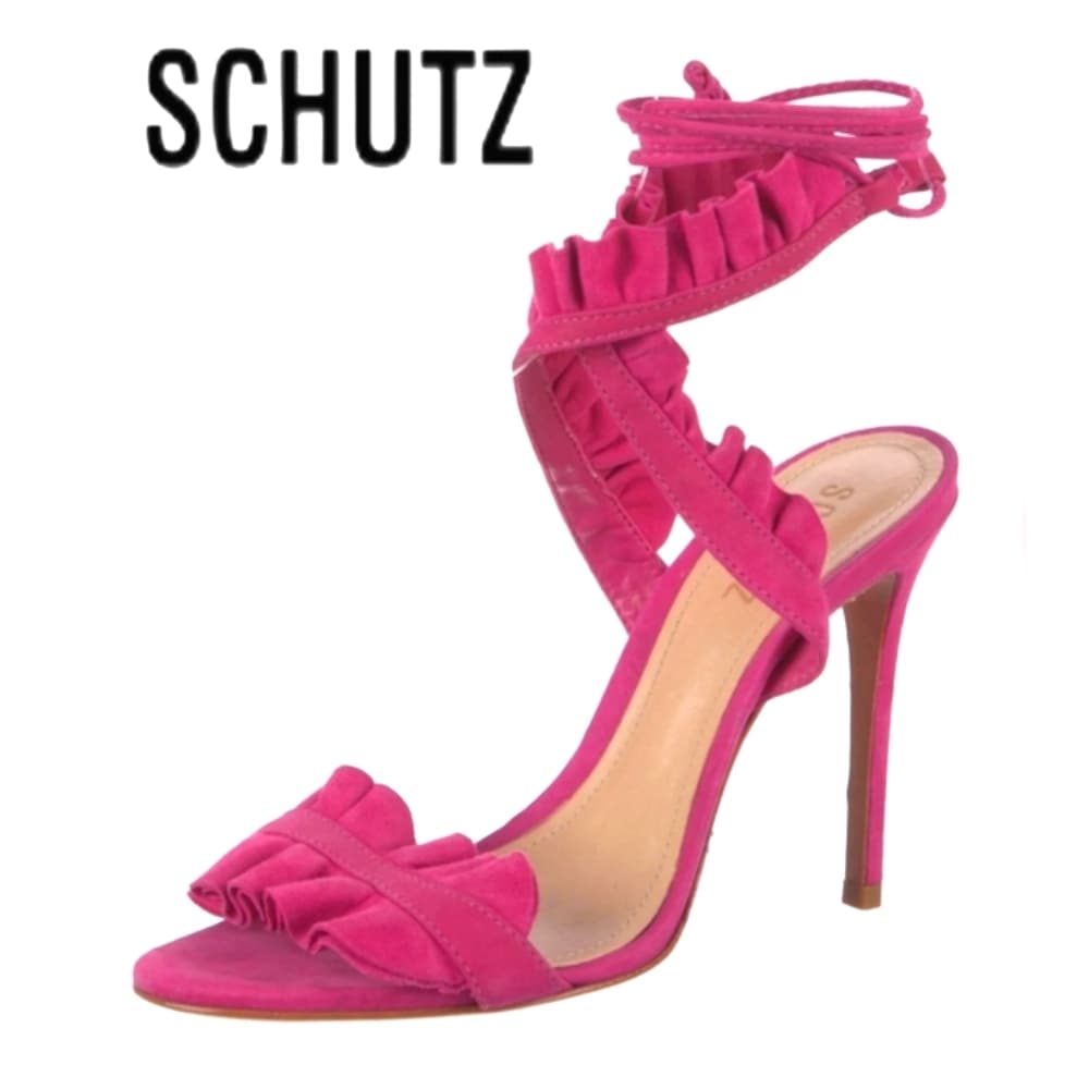 SALE Schutz PINK Suede Ruffle Embellishment Sandals Heels 4" Heels