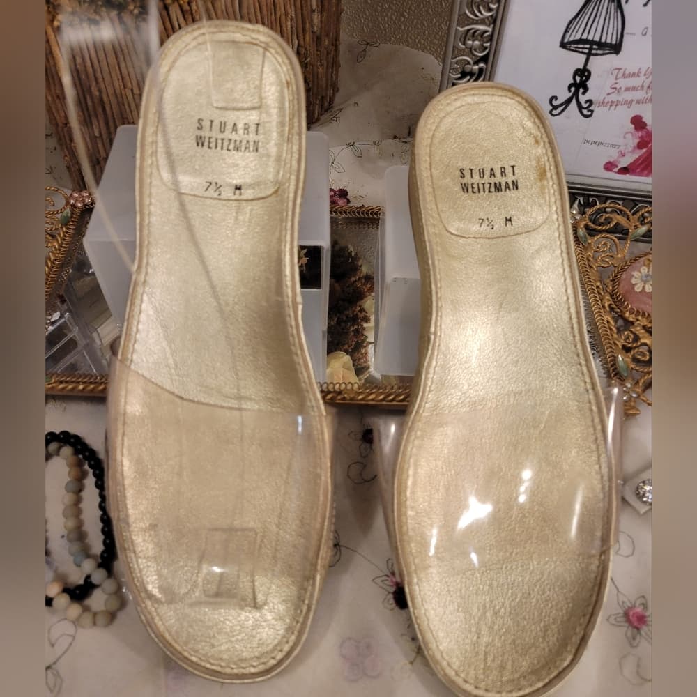 Stuart Weitzman Slides Sandals Gold With Clear Straps 7.5 - Thumbnail 2