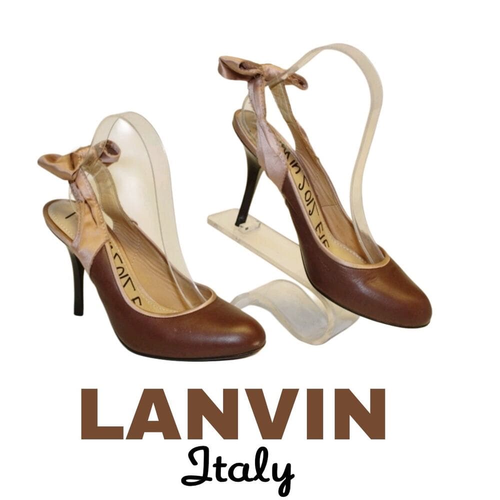 Lanvin Italy Made Womens 7.5 39.5 Brown Leather Slingbacks Stiletto Pumps Shoes