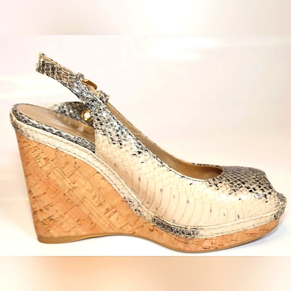 VTG STUART WEITZMAN Snakeskin Leather Slingback Peep Toe Wedge Heels SANDALS 8 - Thumbnail 3