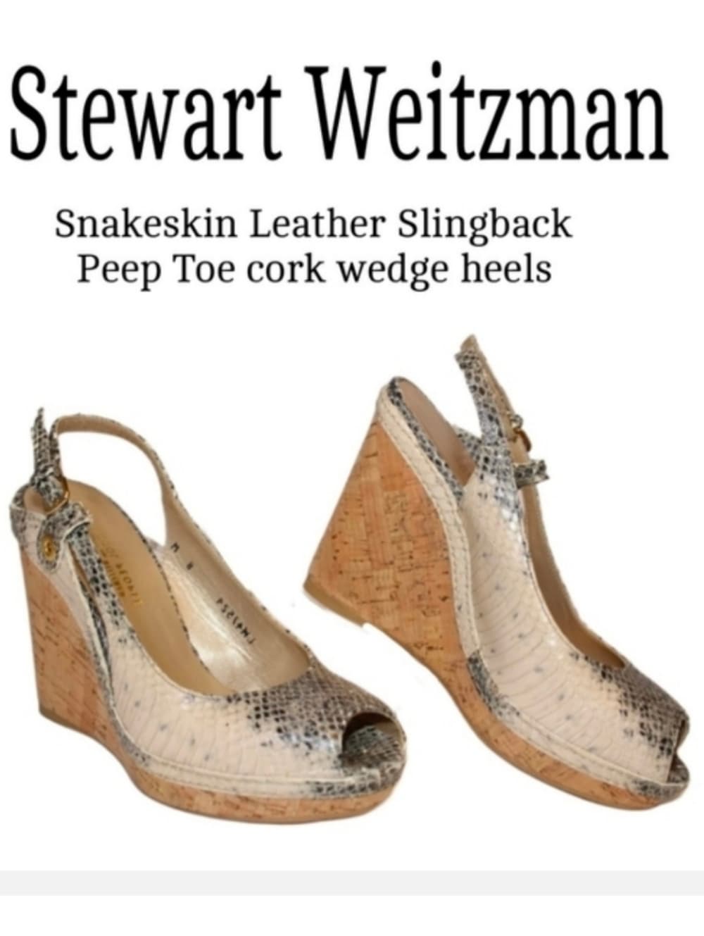 VTG STUART WEITZMAN Snakeskin Leather Slingback Peep Toe Wedge Heels SANDALS 8 - Thumbnail 2