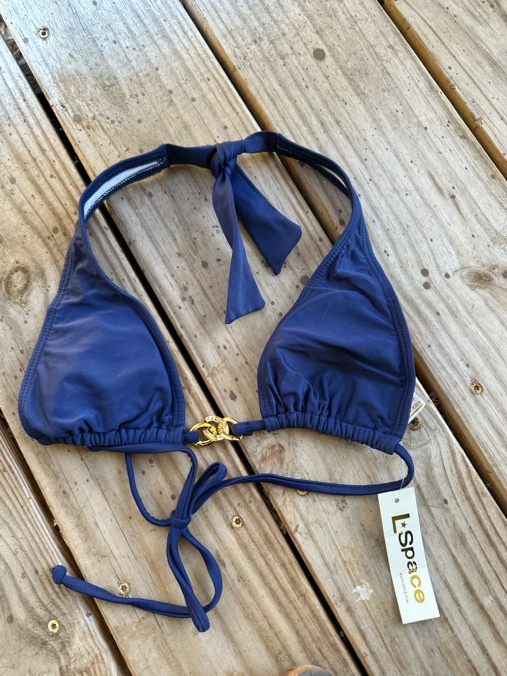 NWT L*Space chain link halter bikini top navy gold