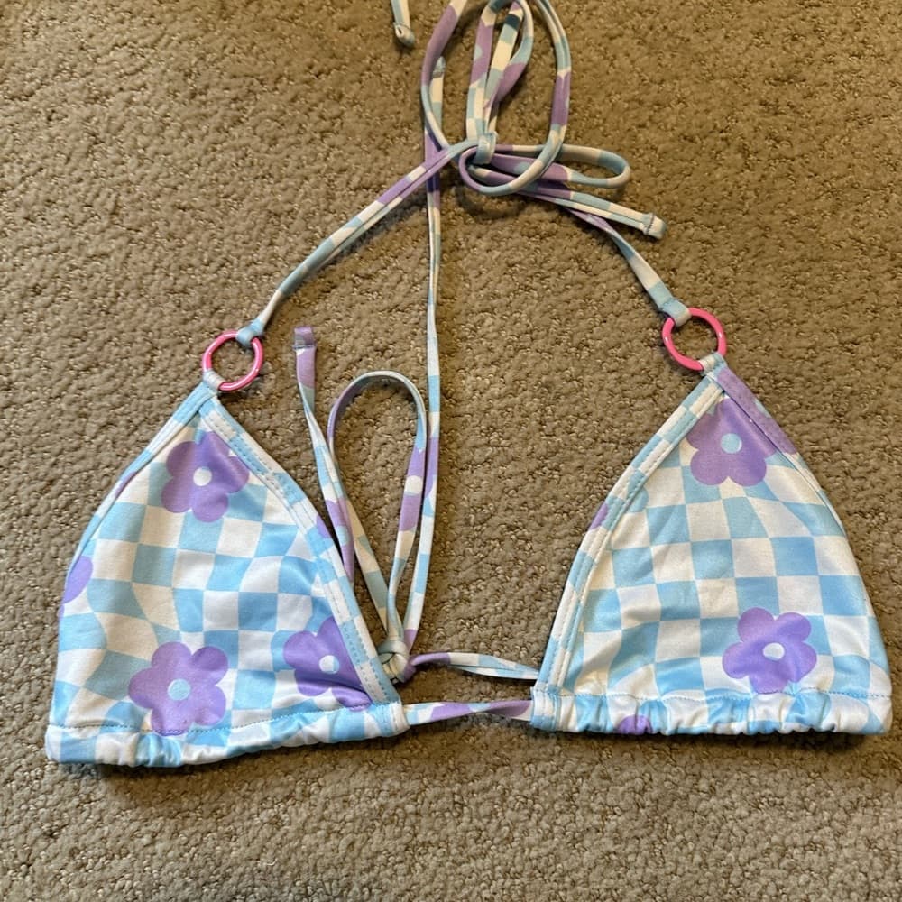 OneOne retro floral checker bikini top blue purple
