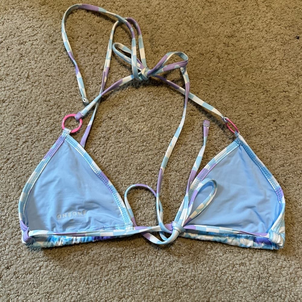 OneOne retro floral checker bikini top blue purple - Thumbnail 2