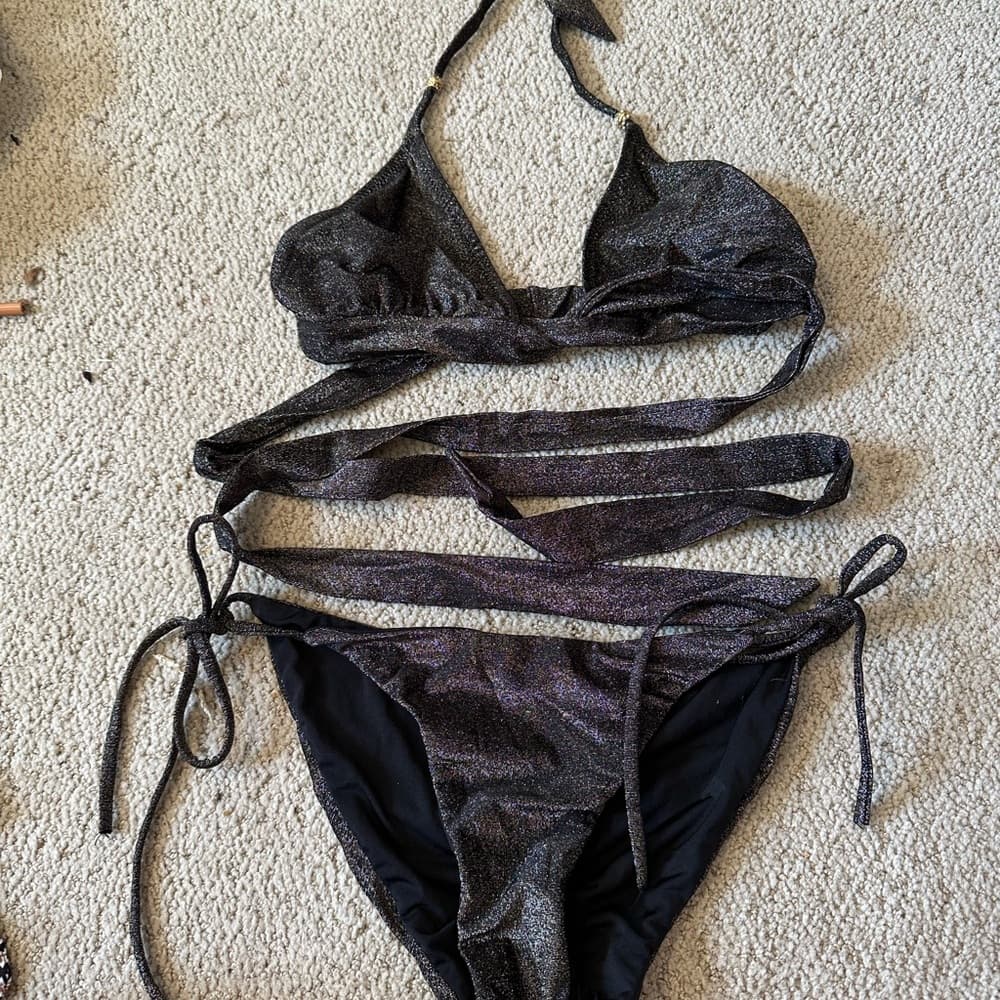 Eberjey Lurex wrap around bikini metallic black