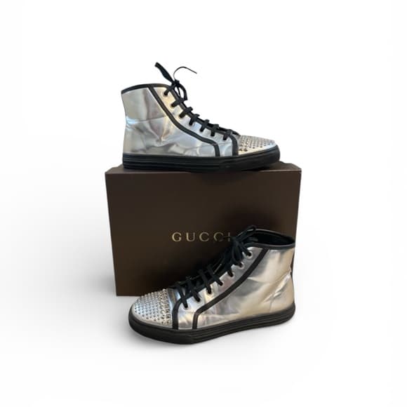 Gucci California metallic silver leather studded high top sneakers - Thumbnail 16
